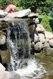 arboretum in summer, waterfall at pond